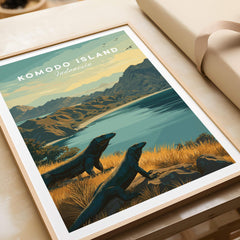 Framed Komodo Island Indonesia travel poster with Komodo dragons and coastal landscape