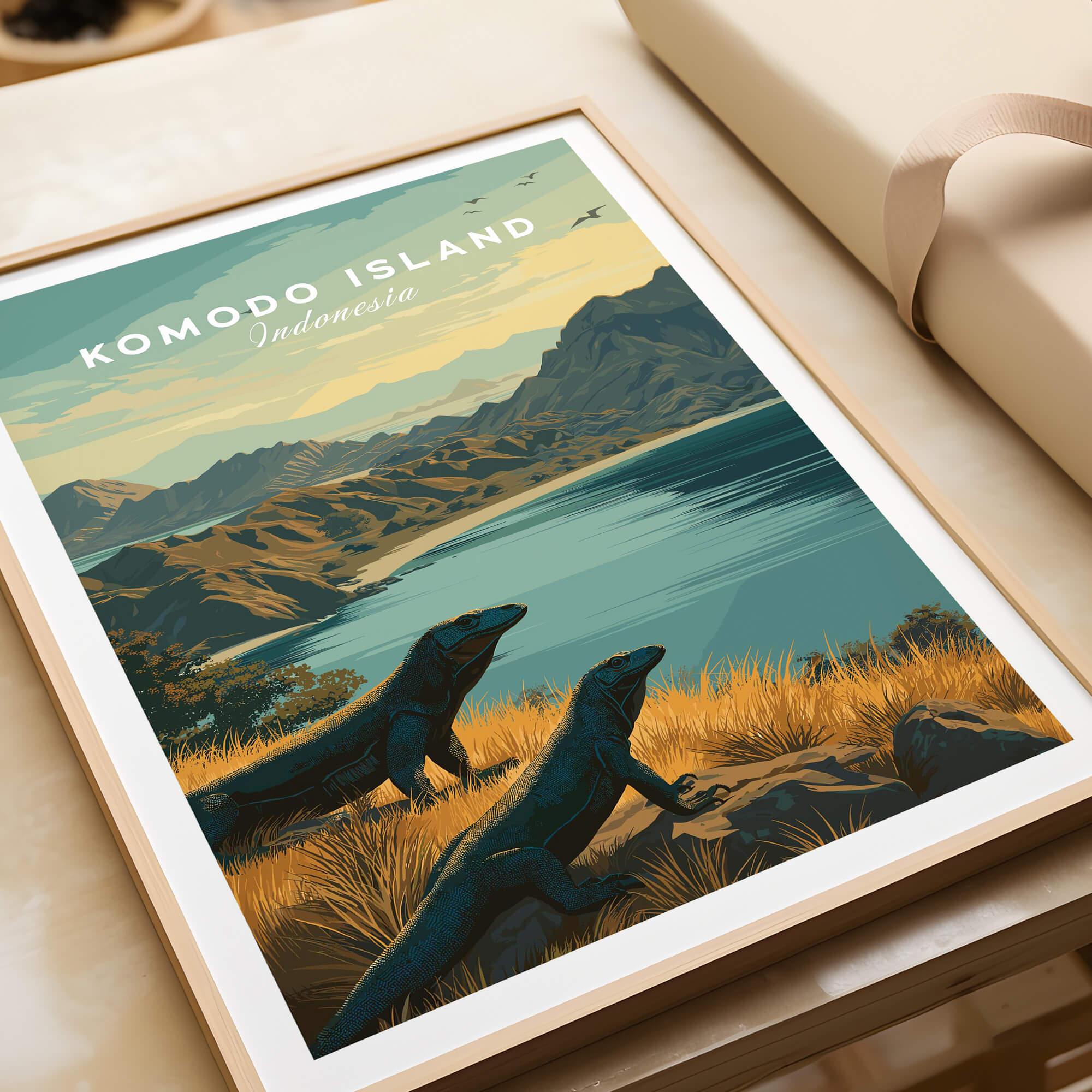 Framed Komodo Island Indonesia travel poster with Komodo dragons and coastal landscape
