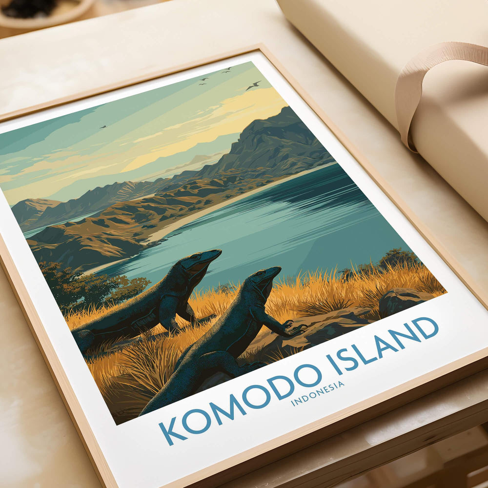 Framed Komodo Island art print featuring Komodo dragons, coastal landscape, and mountains