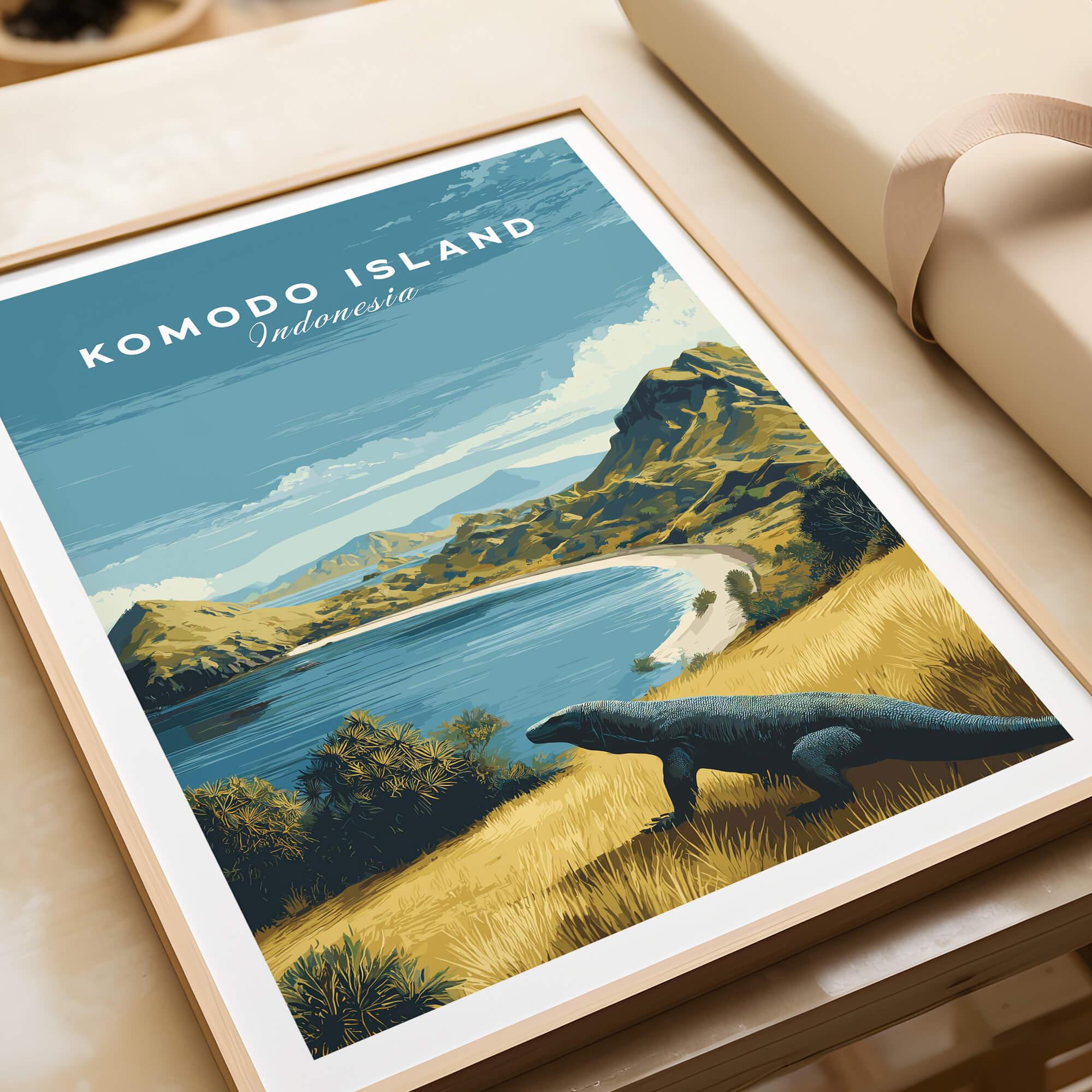 Komodo Island Indonesia framed art print with Komodo dragon and coastal landscape