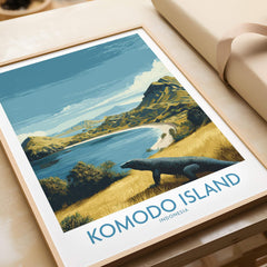 Framed Komodo Island art print featuring scenic landscape and Komodo dragon, unwrapped on table.