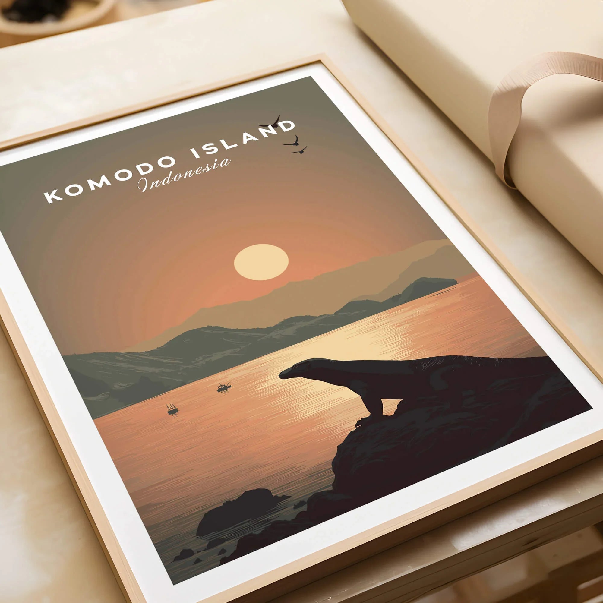 Framed Komodo Island travel art print showing a Komodo dragon at sunset, perfect for home decor.