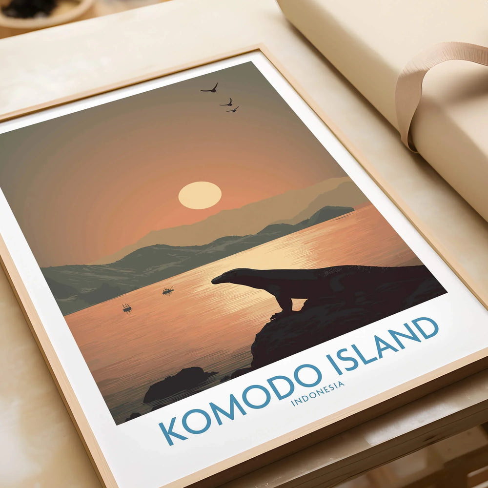 Komodo Island travel poster art print with Komodo dragon silhouette at sunset in natural frame