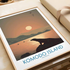Komodo Island travel poster art print with Komodo dragon silhouette at sunset in natural frame