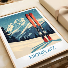 Kronplatz Italy travel poster print with red skis, snowy mountain landscape, and natural frame