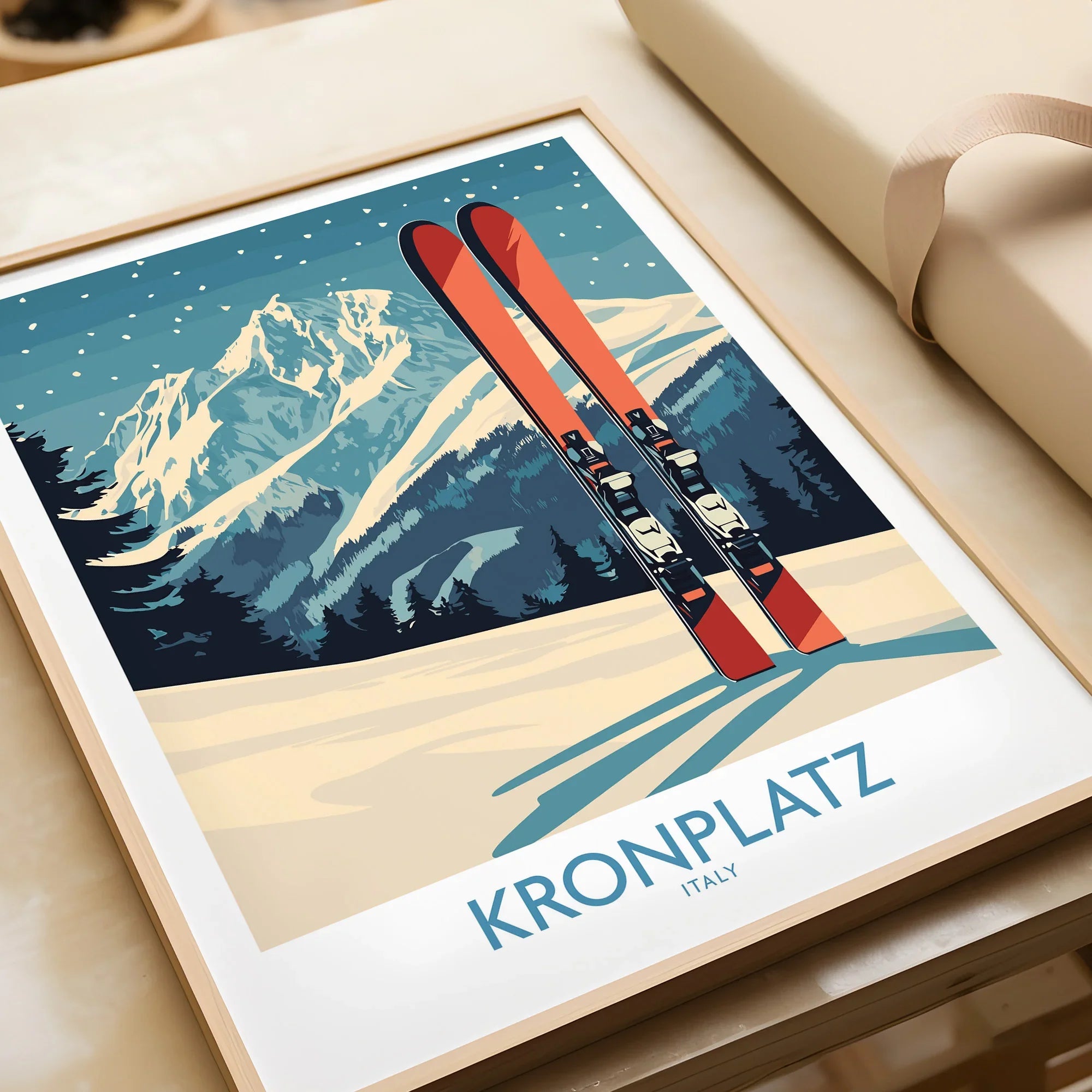Kronplatz Italy travel poster print with red skis, snowy mountain landscape, and natural frame