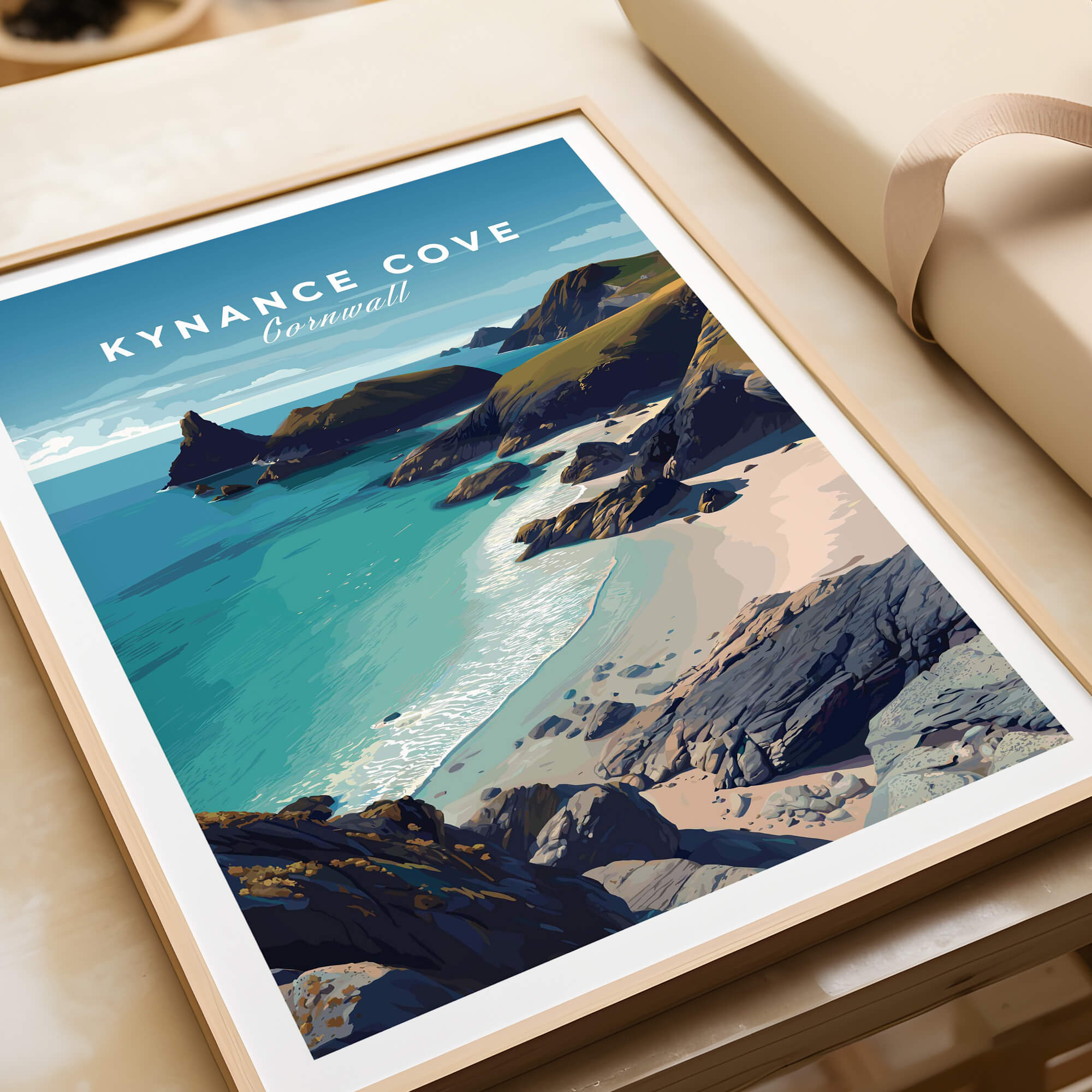 Kynance Cove Cornwall Wall Art Print | British Coastline Landscape Travel Poster featuring turquoise waters and cliffs.