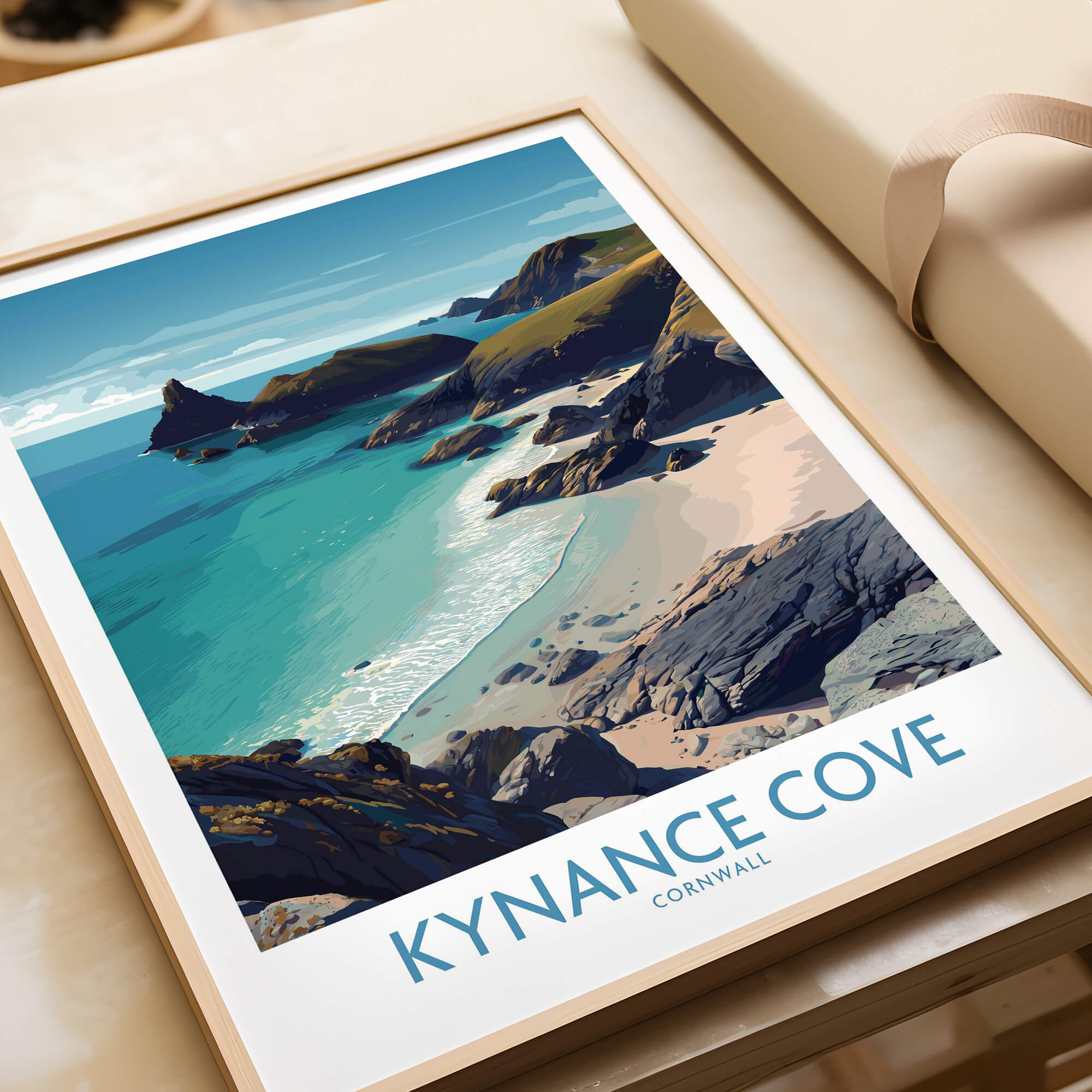 Kynance Cove Cornwall Poster | Scenic Sea Cliffs & Beach Canvas Print showcasing the stunning coastline and turquoise waters.