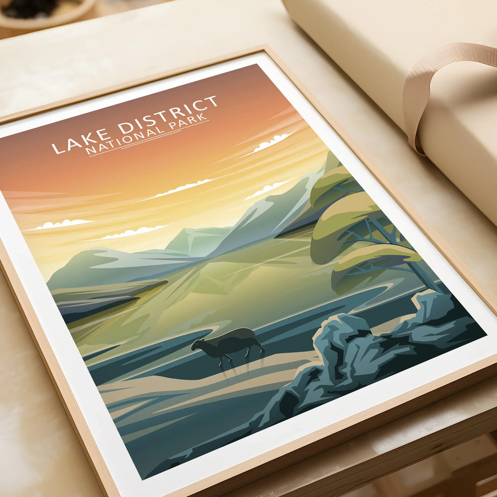 Framed Lake District National Park art print with mountain landscape and vibrant sunset colors