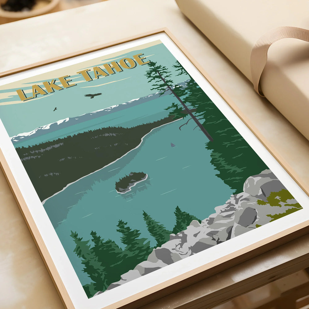 Lake Tahoe travel poster art print in a natural wood frame, closeup, with mountain landscape.
