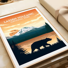 Lassen Volcanic National Park art print with bear silhouette, sunset, and mountain scene