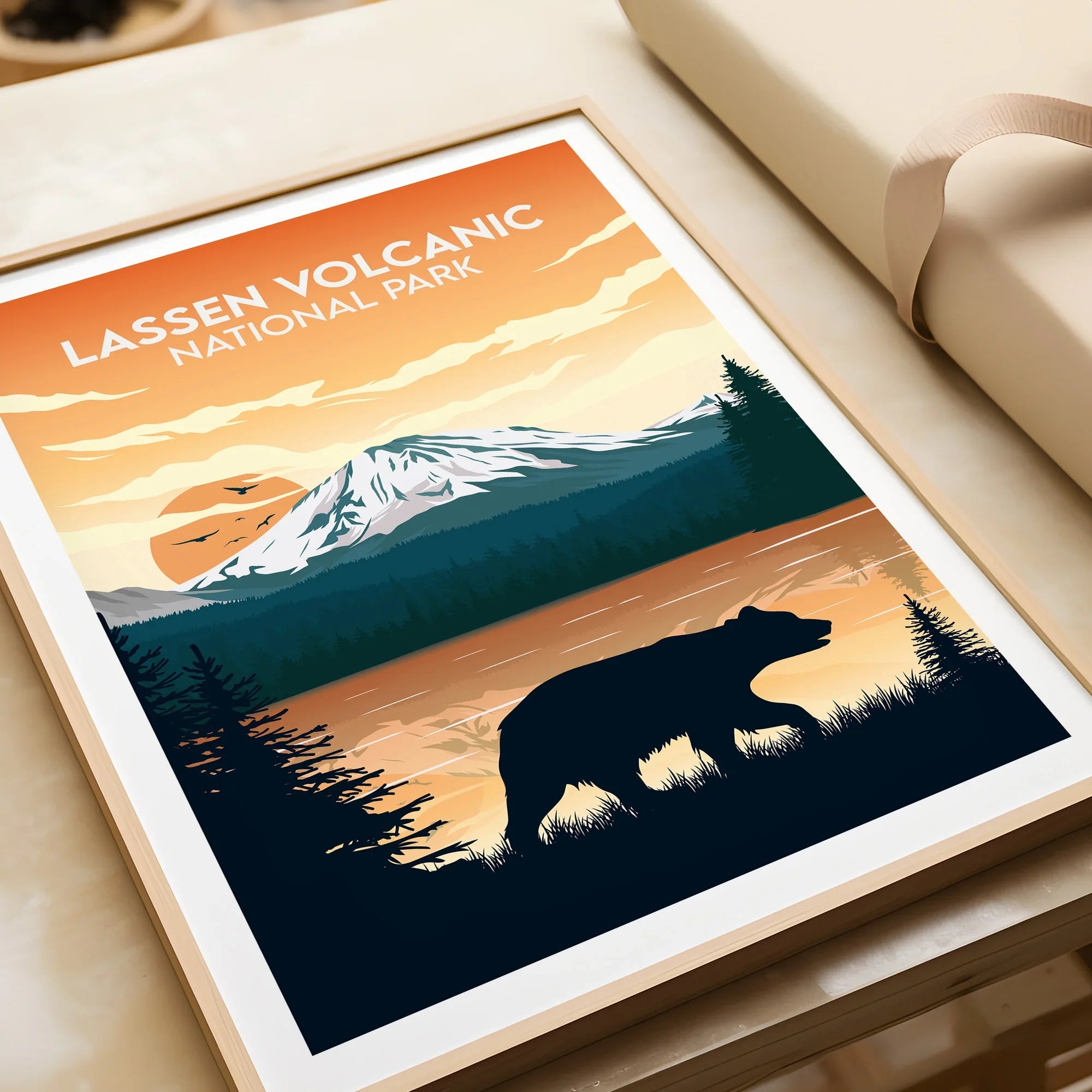 Lassen Volcanic National Park art print with bear silhouette, sunset, and mountain scene