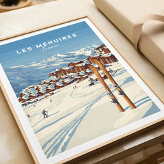 Framed art print of Les Menuires France ski resort, snowy mountains, and skiers