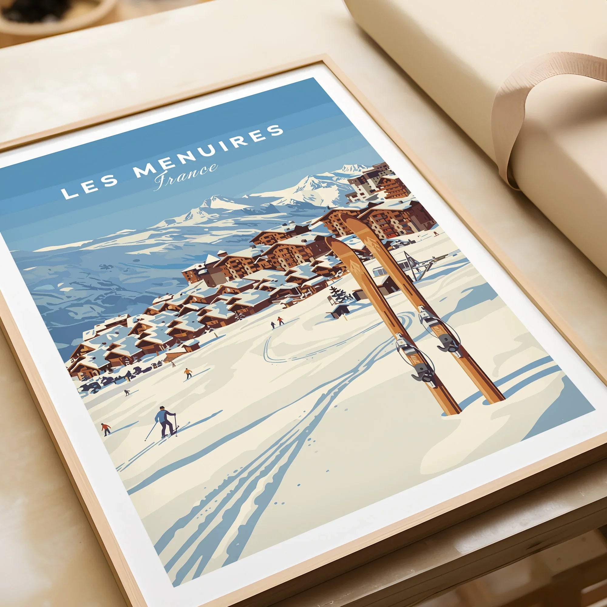 Framed art print of Les Menuires France ski resort, snowy mountains, and skiers