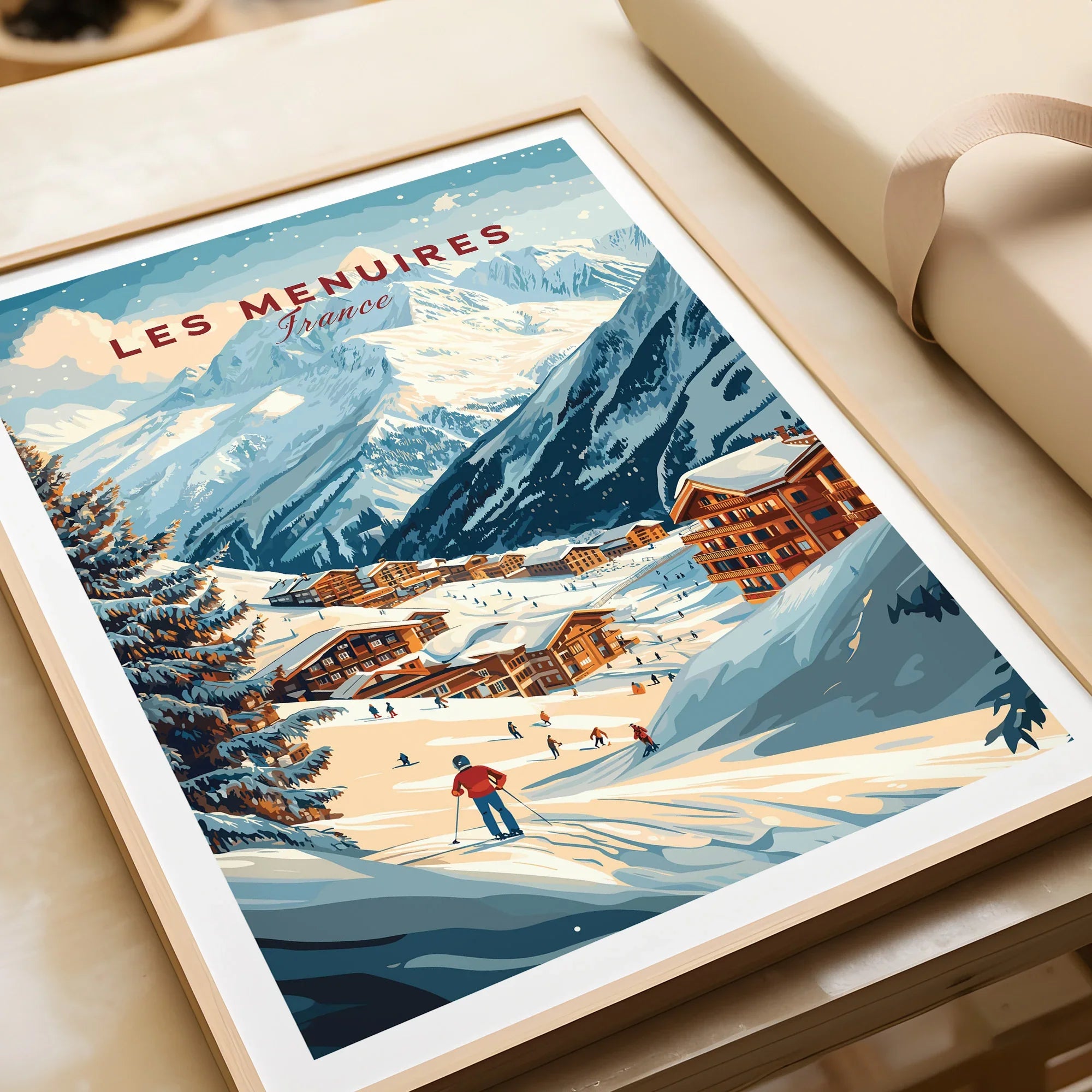 Framed Les Menuires ski resort art print, snowy alpine village, wooden chalets, skier