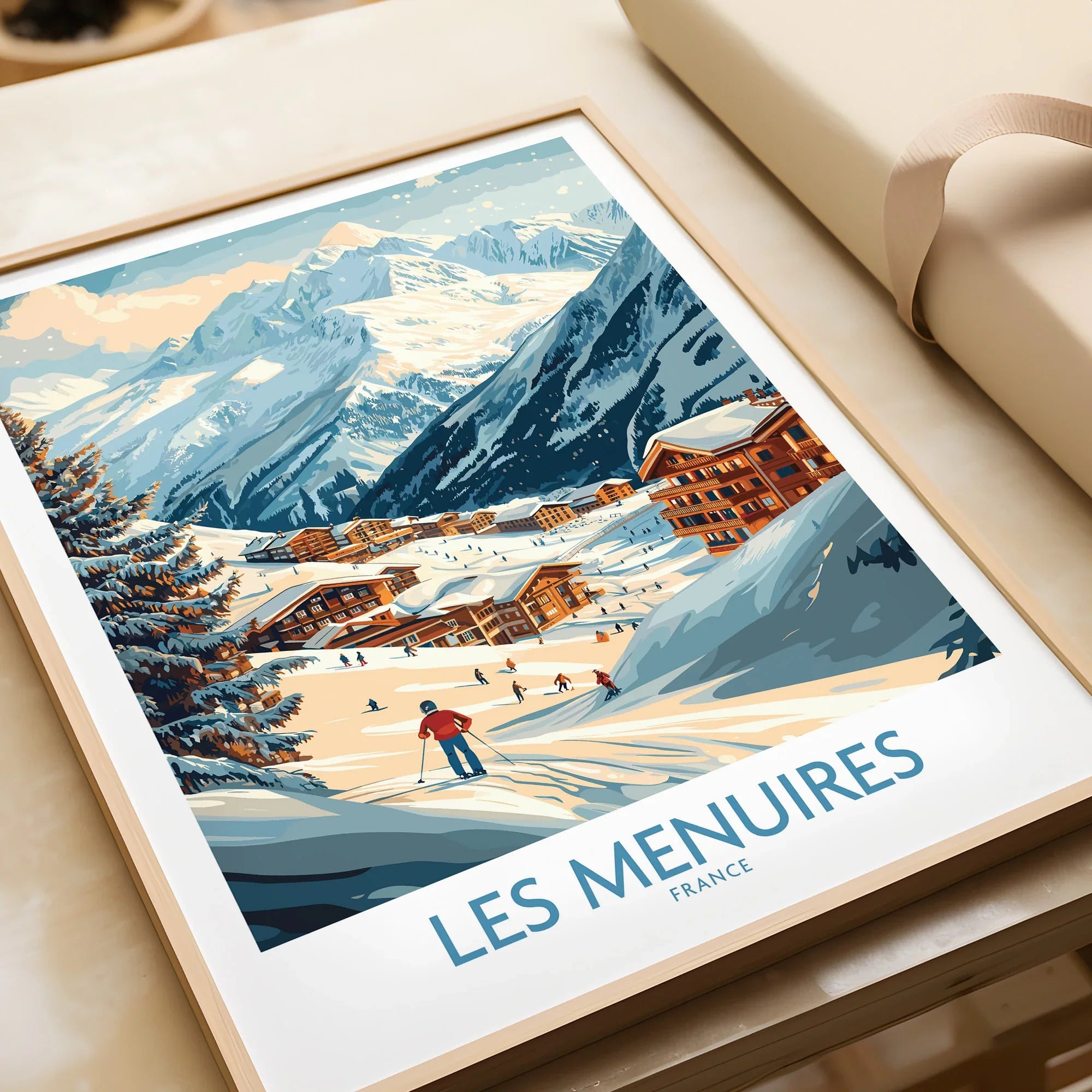 Framed Les Menuires travel art print with snowy mountain ski resort scene