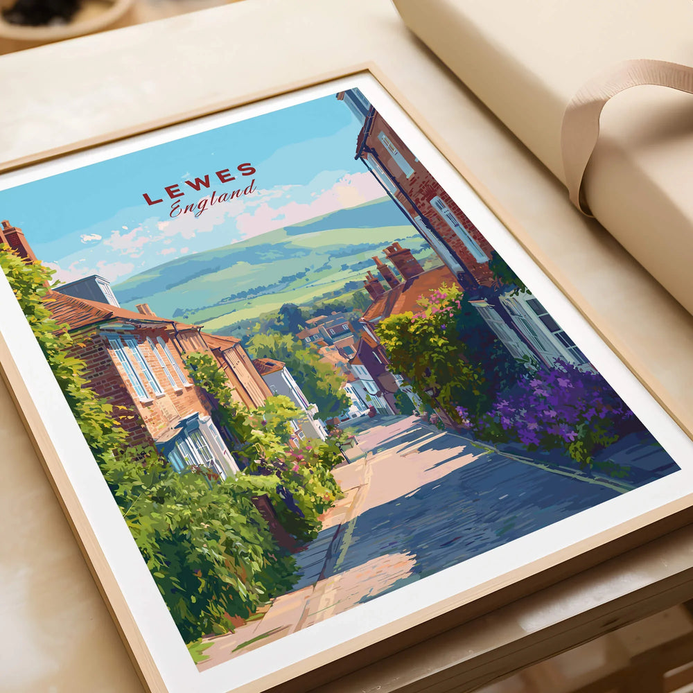 Framed Lewes England travel poster print featuring a colorful street and scenic countryside