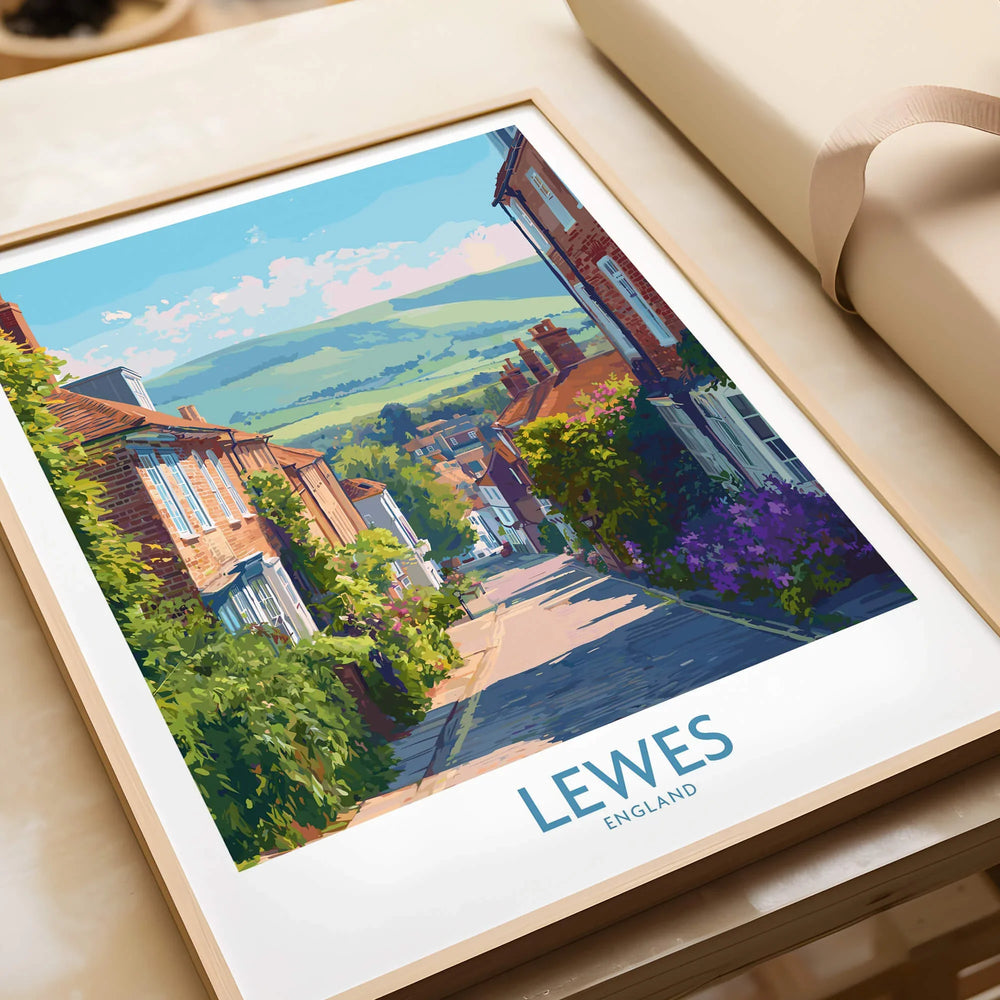 Framed Lewes England travel poster print close-up, colorful street scene, unwrapped gift