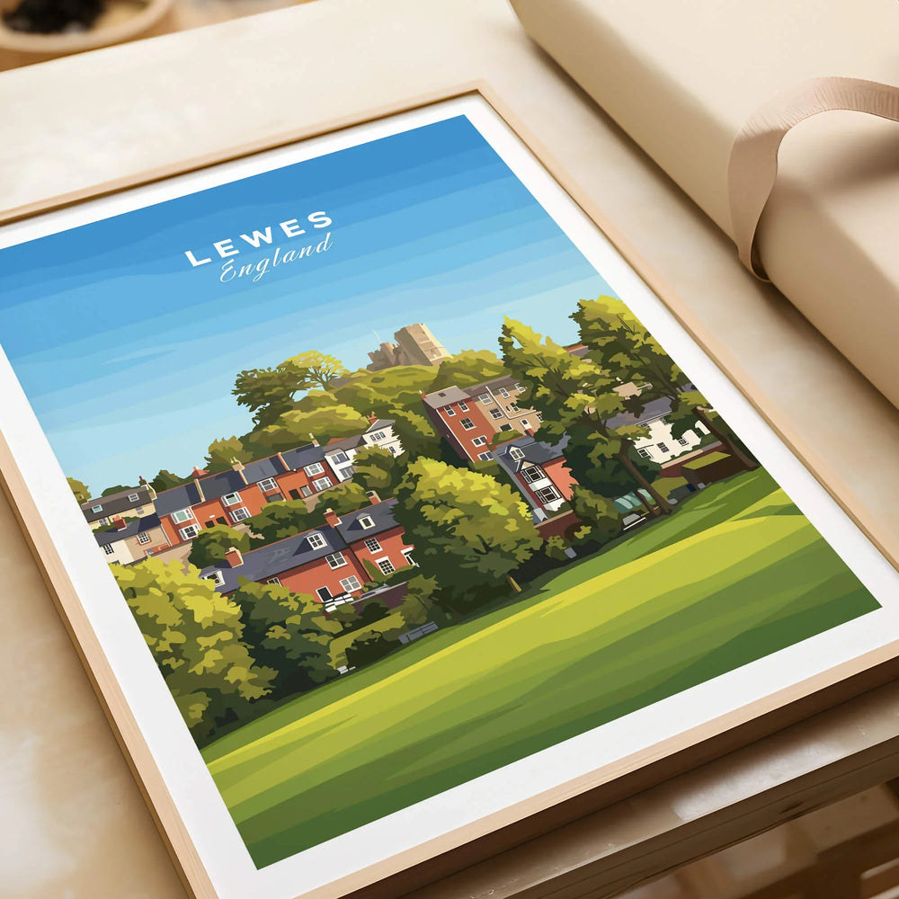 Lewes England travel poster art print with colorful houses and greenery in natural wood frame