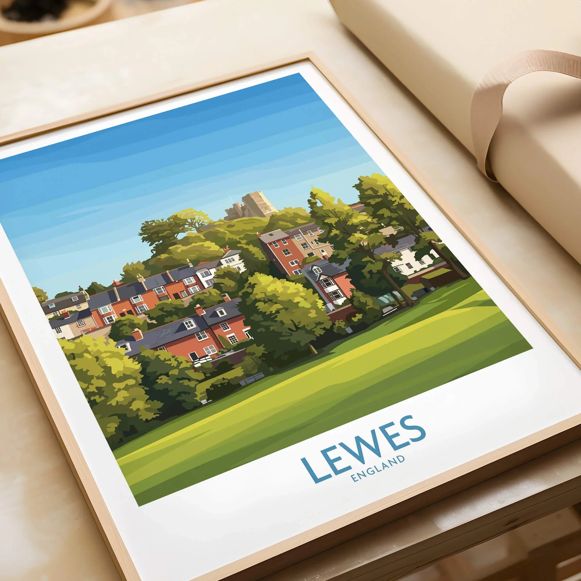 Framed Lewes England travel poster art print featuring colorful houses and greenery.