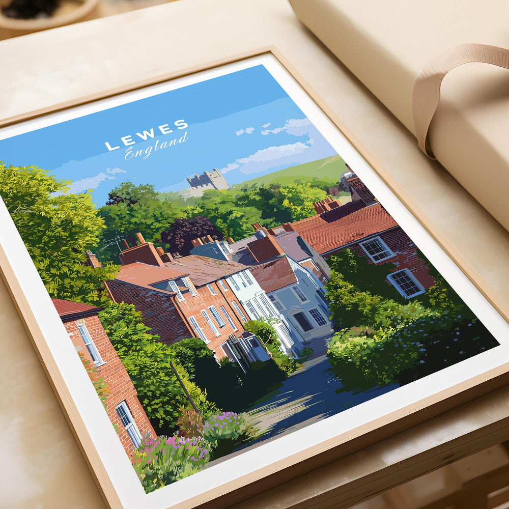 Lewes England travel poster in natural wood frame, unwrapped as a gift, featuring colorful townhouses.