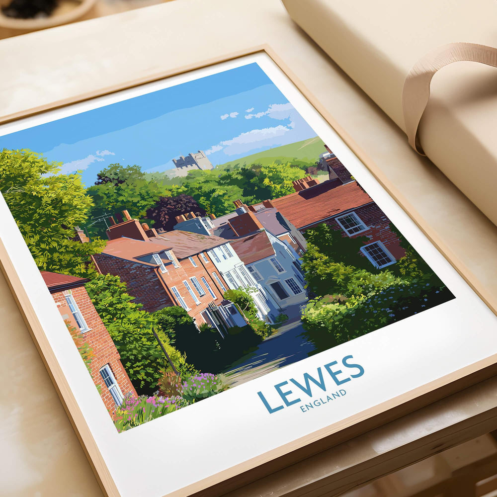 Framed Lewes England travel poster print with vibrant houses and greenery closeup
