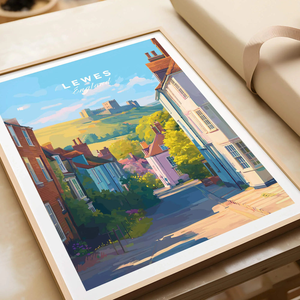 Lewes England travel poster art print in natural wood frame, unwrapped, vibrant street view