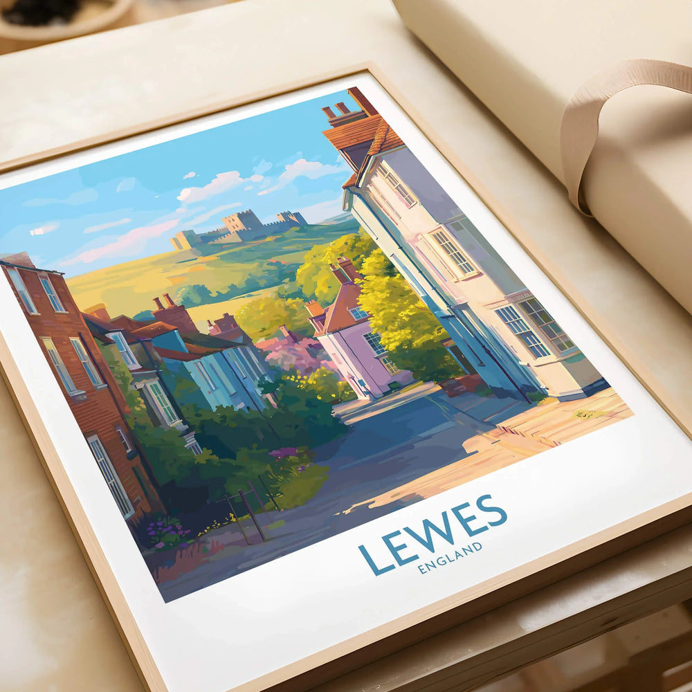 Lewes England travel art print in natural wood frame, colorful street and countryside scene