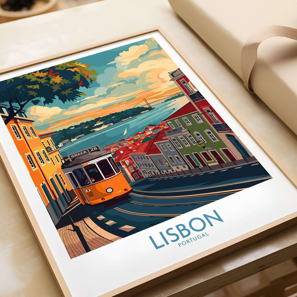 Lisbon Print - Portugal featuring the iconic yellow tram in a vibrant colorful cityscape.