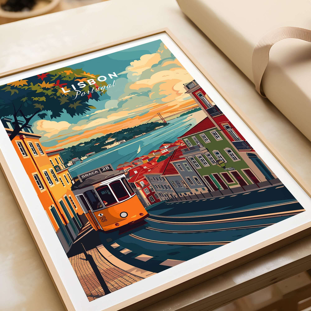 Lisbon Travel Print featuring a vibrant street scene with a traditional tram and colorful buildings in Lisbon, Portugal.