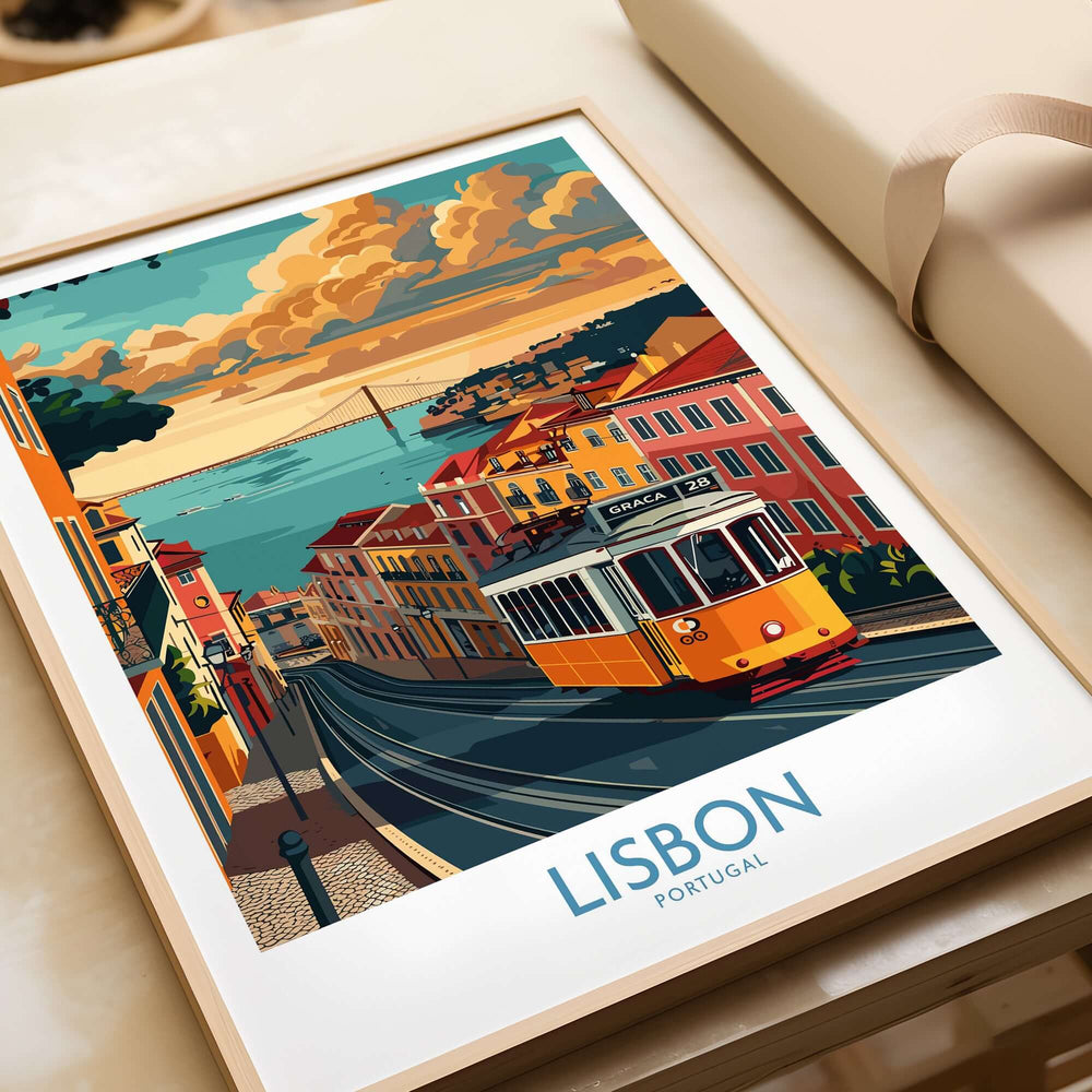 Lisbon Poster - Portugal featuring Tram 28, showcasing the vibrant streets and charm of Lisbon in a beautiful design.
