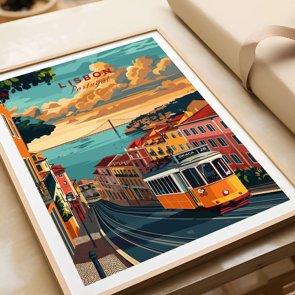 Lisbon Travel Poster featuring the iconic Tram 28 in a vibrant cityscape of Lisbon, Portugal.