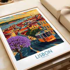 Lisbon Art Print featuring iconic tram and Jacaranda trees in a colorful scene of Lisbon, Portugal.