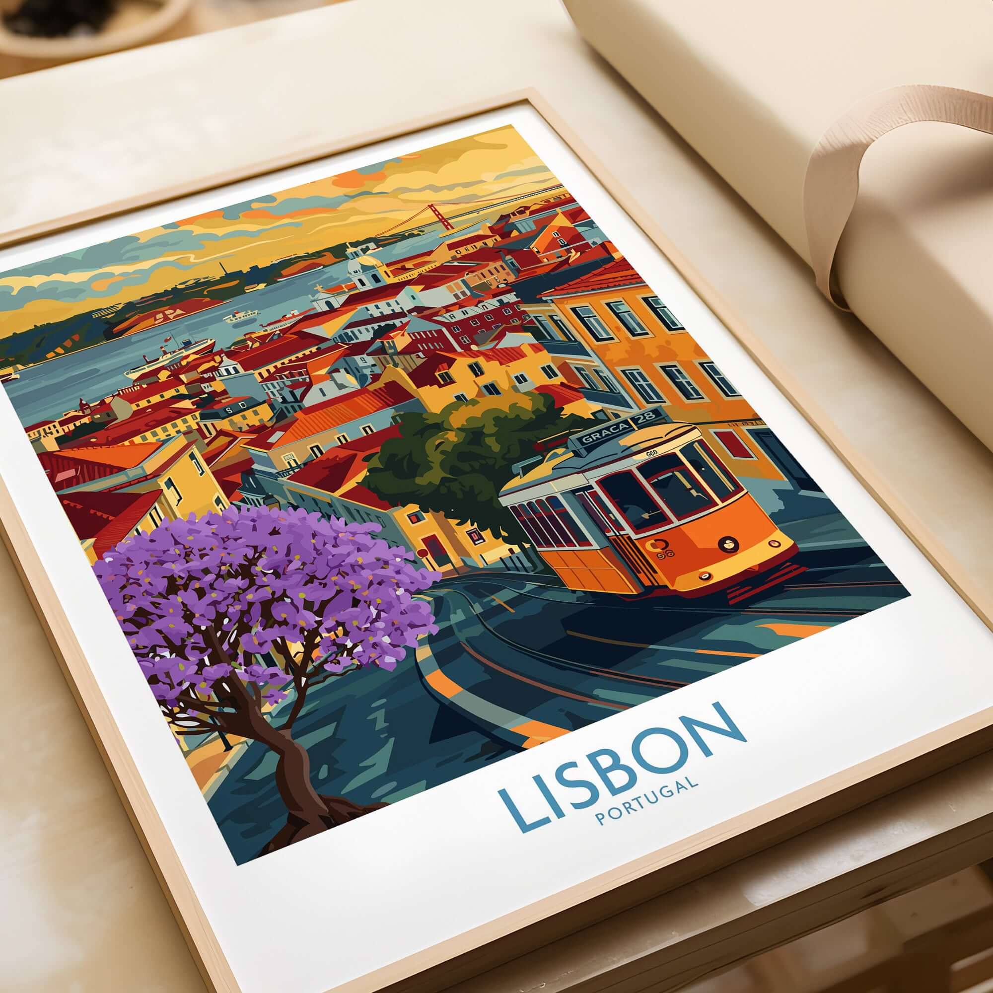 Lisbon Art Print featuring iconic tram and Jacaranda trees in a colorful scene of Lisbon, Portugal.