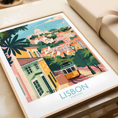 Lisbon Art Travel Print featuring vibrant colors and iconic tram 28, showcasing the charm of Lisbon, Portugal.