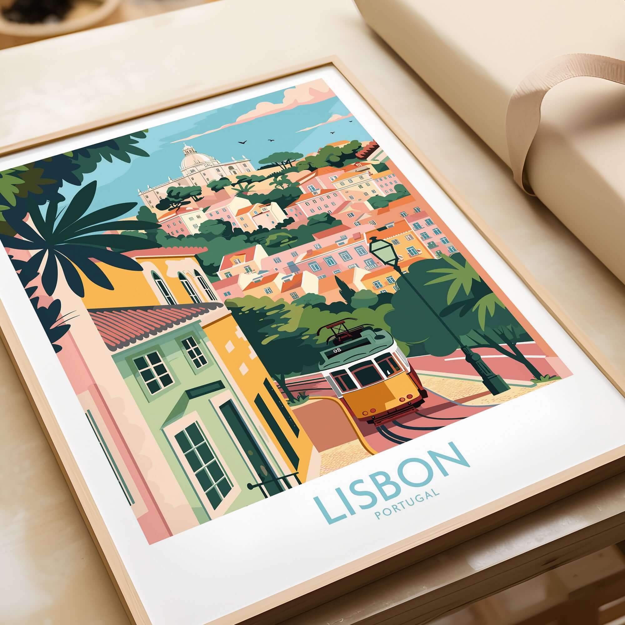 Lisbon Art Travel Print featuring vibrant colors and iconic tram 28, showcasing the charm of Lisbon, Portugal.