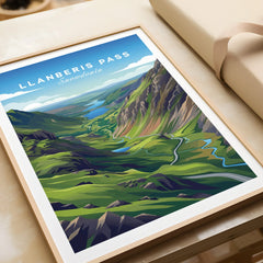 Framed Llanberis Pass Snowdonia travel poster art print closeup, unwrapped on table