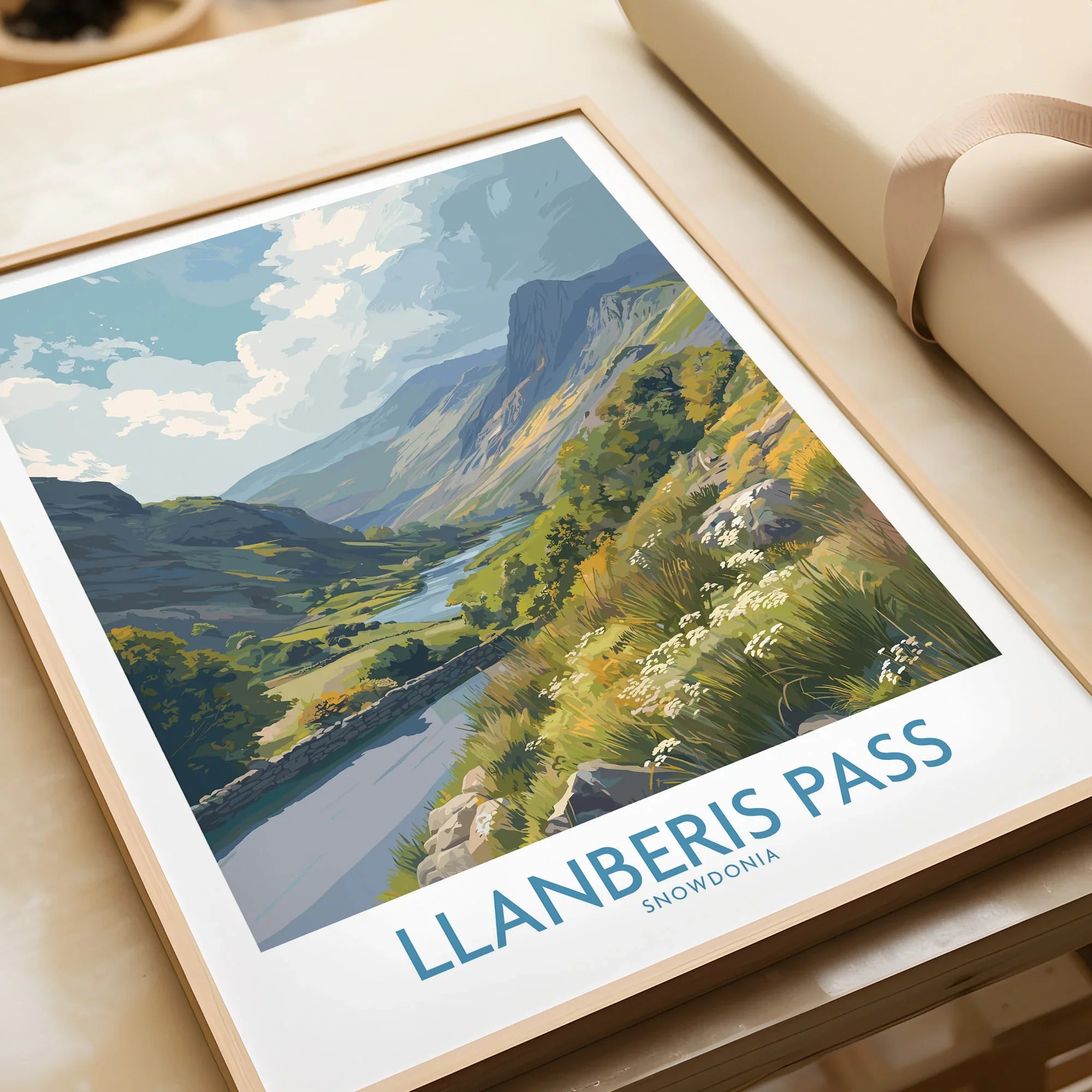 Framed Llanberis Pass Snowdonia travel poster art print with scenic mountain landscape.