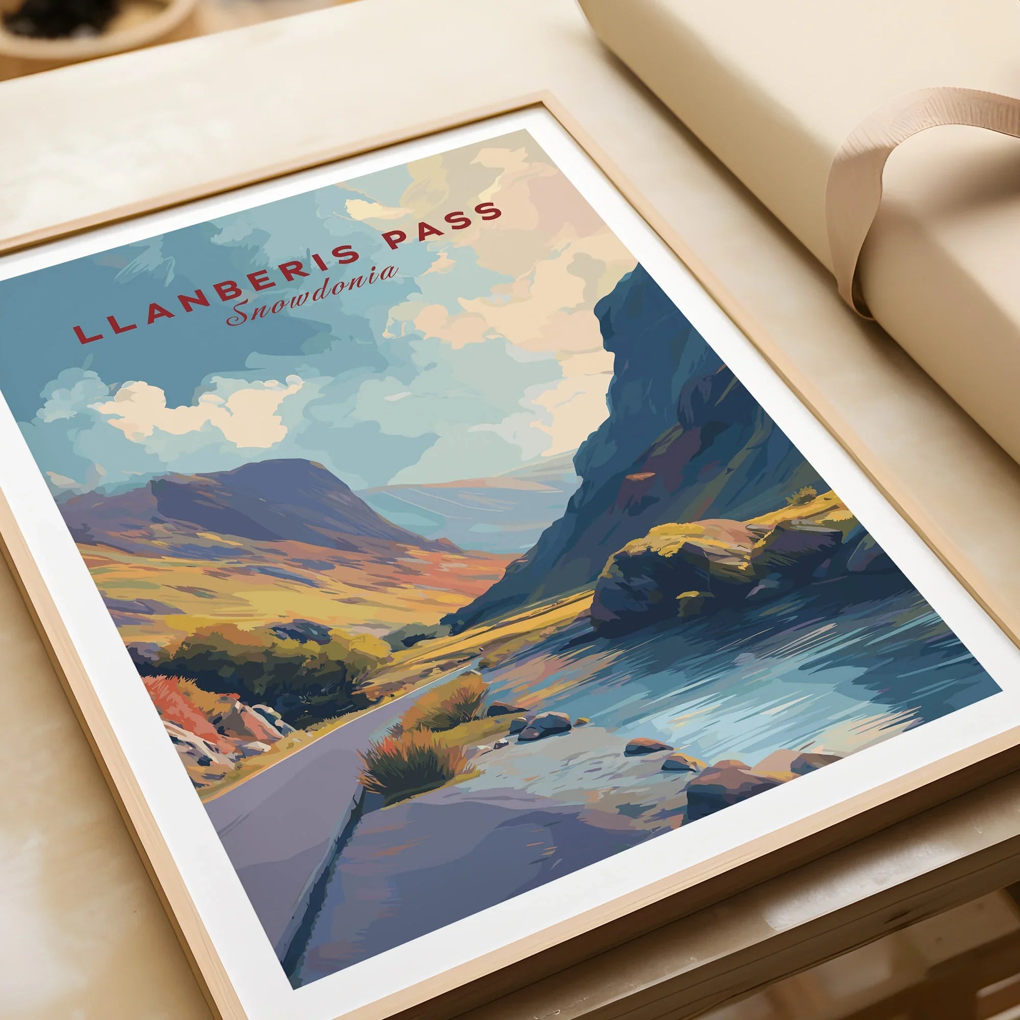 Framed Llanberis Pass Snowdonia travel poster print with vivid mountain and river landscape