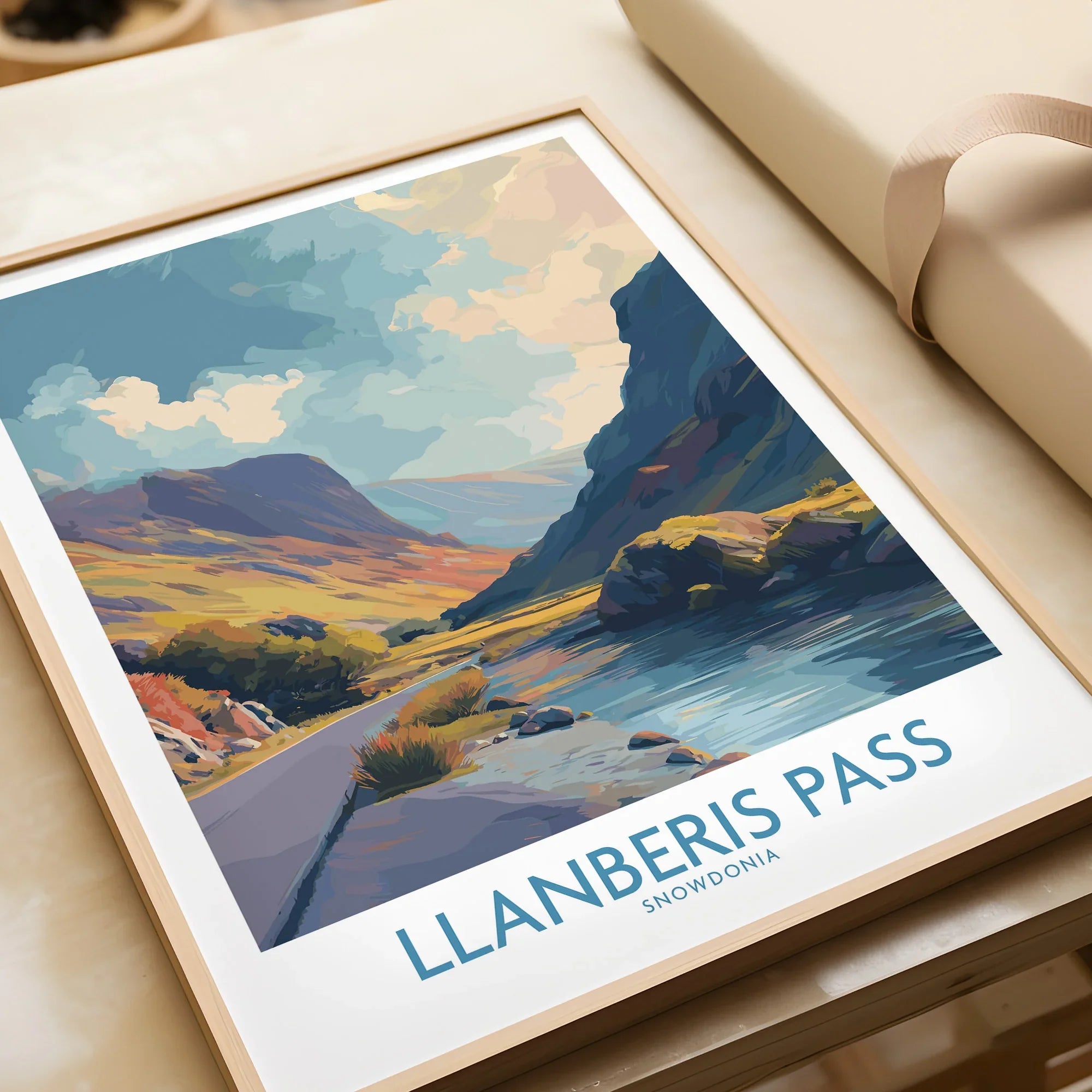 Framed Llanberis Pass Snowdonia travel art print with scenic mountain landscape