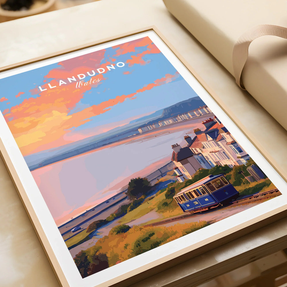 Llandudno Wales travel poster art print in natural frame, colorful coastal scene