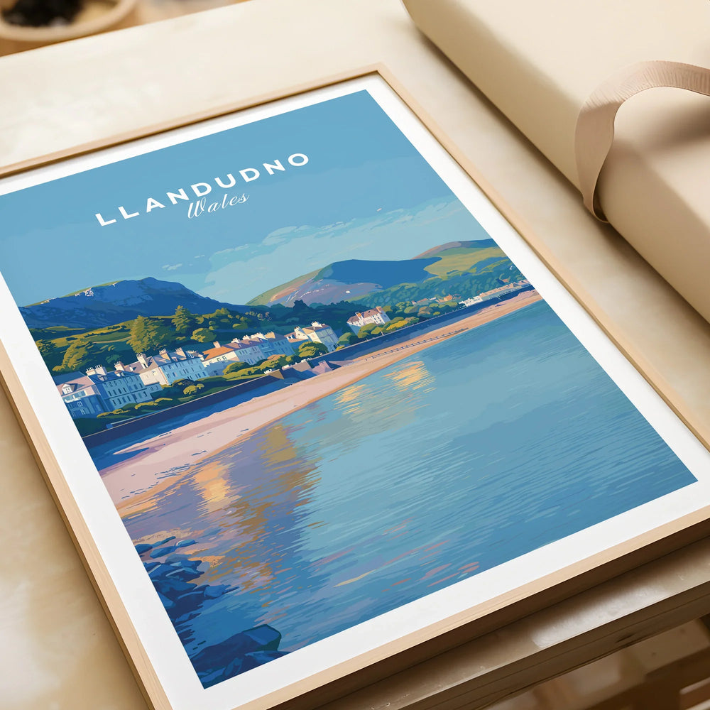 Framed Llandudno Wales travel art print with coastal landscape and beach scene