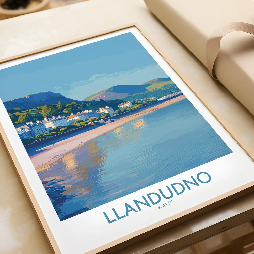 Framed Llandudno travel poster print featuring a scenic coastal landscape in Wales.