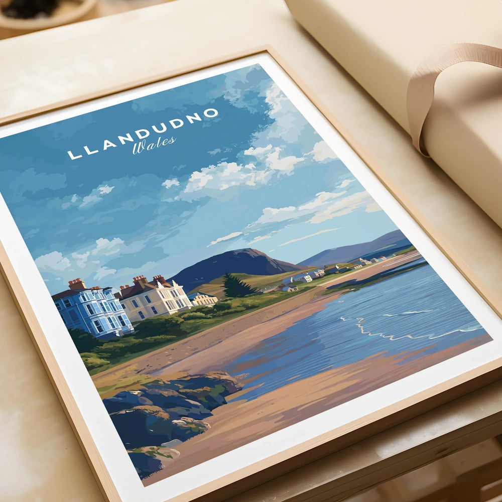 Framed Llandudno Wales travel art print with beach, sea, and coastal houses