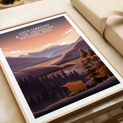 Framed Loch Lomond and The Trossachs National Park art print with mountain and forest scene