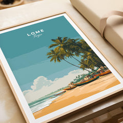 Lomé Togo Travel Posters | West African Beach & Palms Wall Art Print showcasing a serene beach scene with palm trees.