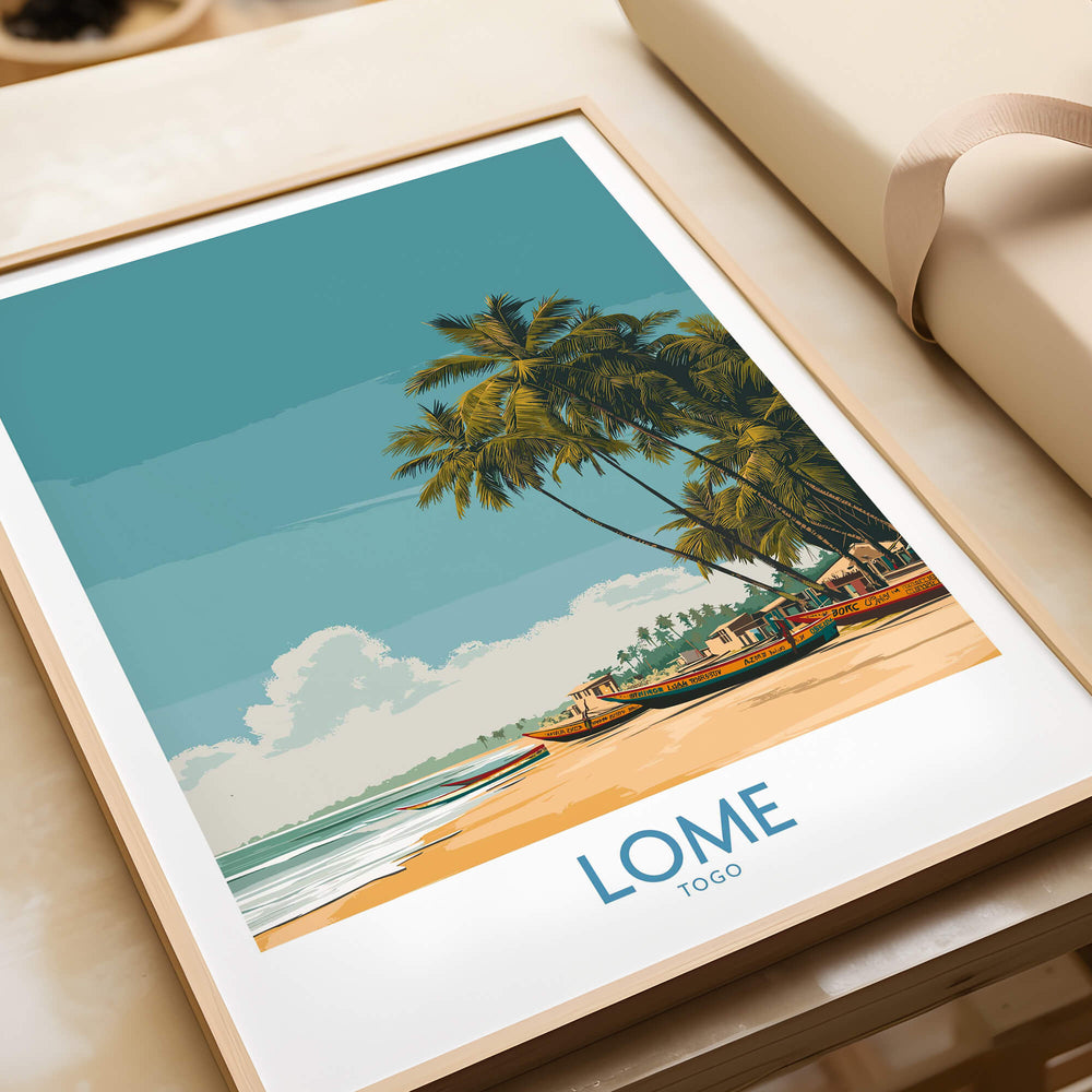 Lomé Togo Canvas Print | Tropical Coastal Village Scene Posters showcasing palm trees and a serene beach.