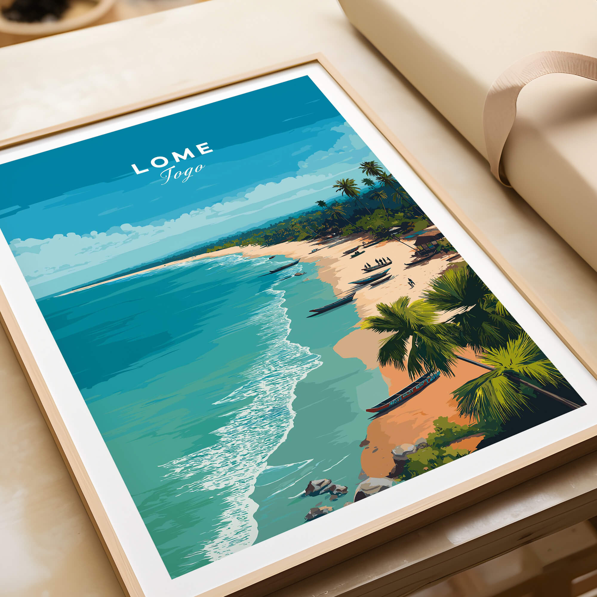 Lomé Togo Wall Art Print | Tropical Beach Travel Poster featuring a vibrant coastal scene with palm trees and turquoise waters.