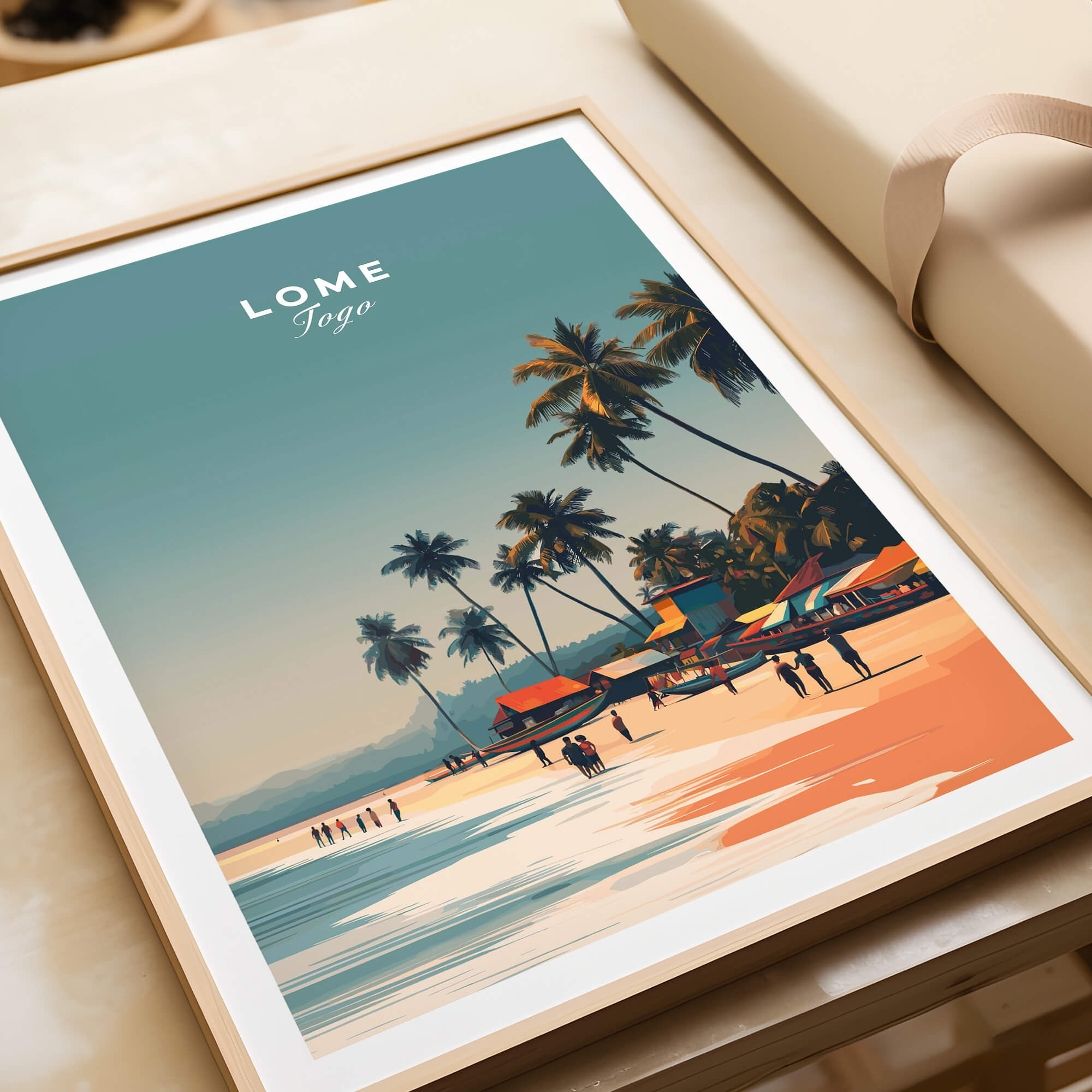 Lome Togo Poster Print Africa showcasing a serene beach scene with palm trees and vibrant colors.