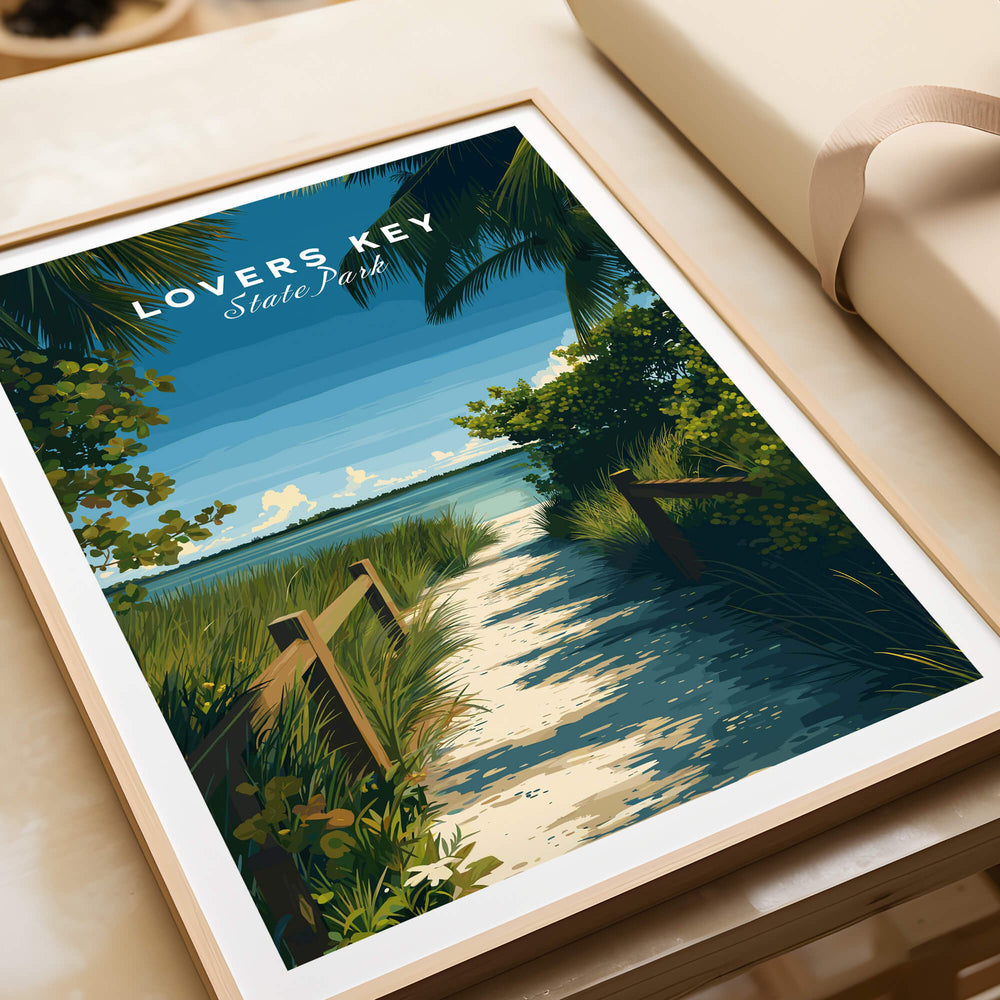 Lovers Key Florida Wall Art Print | State Park Beach Travel Poster depicting a scenic pathway with lush landscapes.